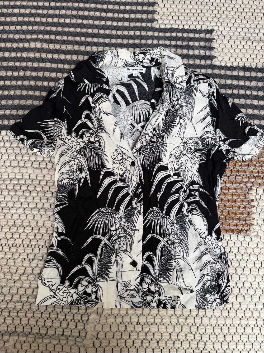 Reformation Black & White Tropical Print Camp Shirt